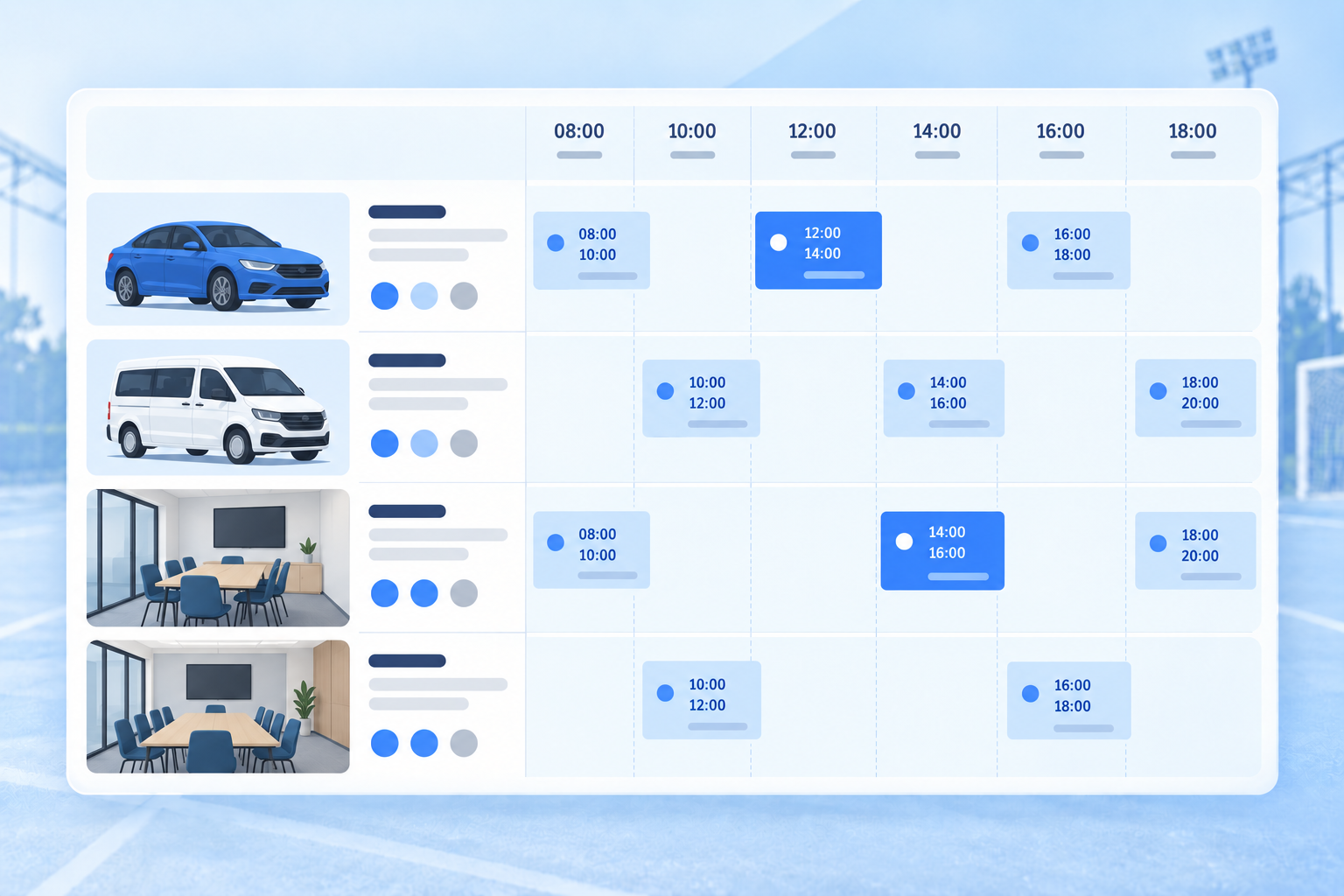 ภาพตัวอย่างตารางจองรถและห้องประชุม แสดงรถและห้องประชุมในแต่ละแถวพร้อมคอลัมน์ช่วงเวลา